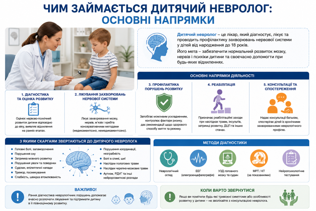 Інфографіка про основні напрямки роботи дитячого невролога