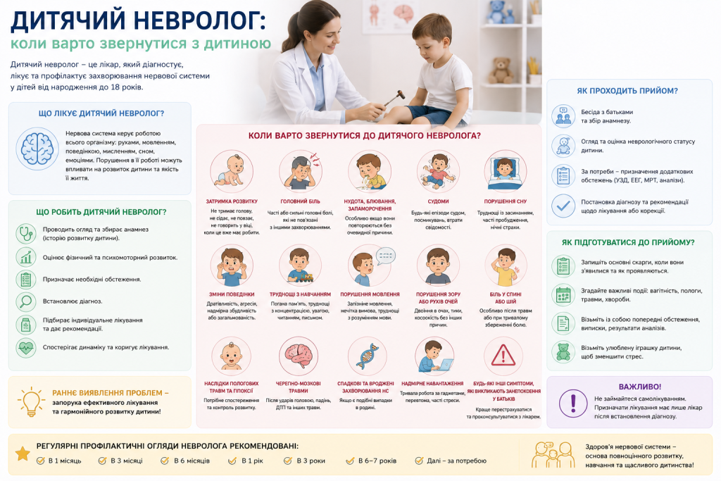 Інфографіка про симптоми та показання для консультації дитячого невролога