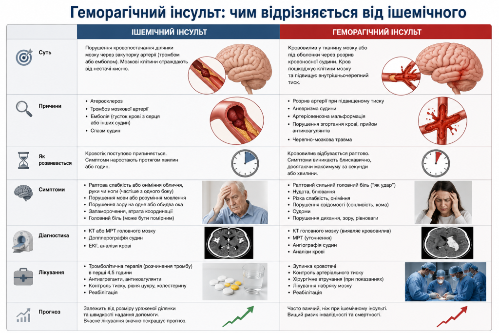 Порівняльна інфографіка геморагічного та ішемічного інсульту