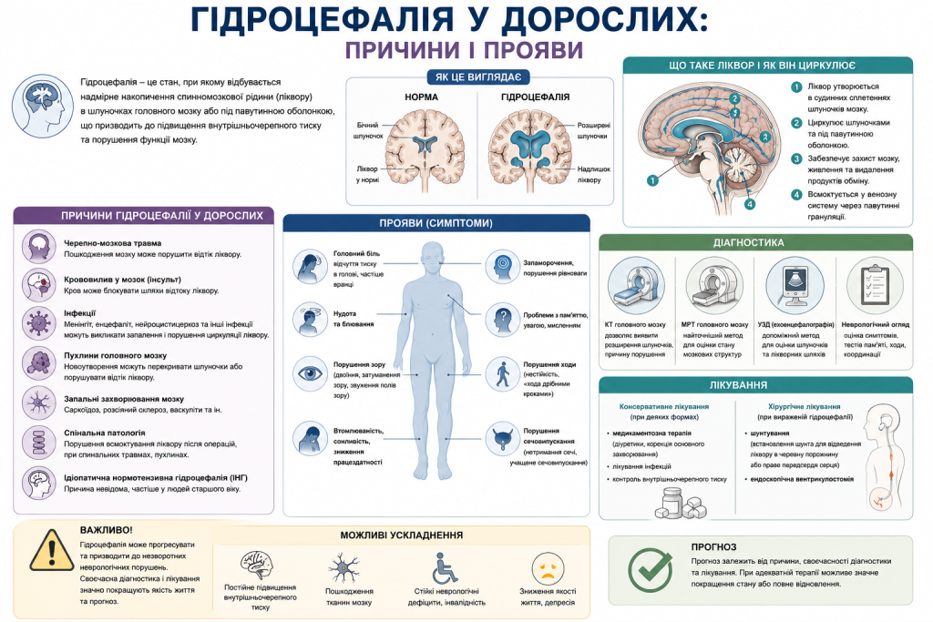 Інфографіка про симптоми та причини гідроцефалії у дорослих