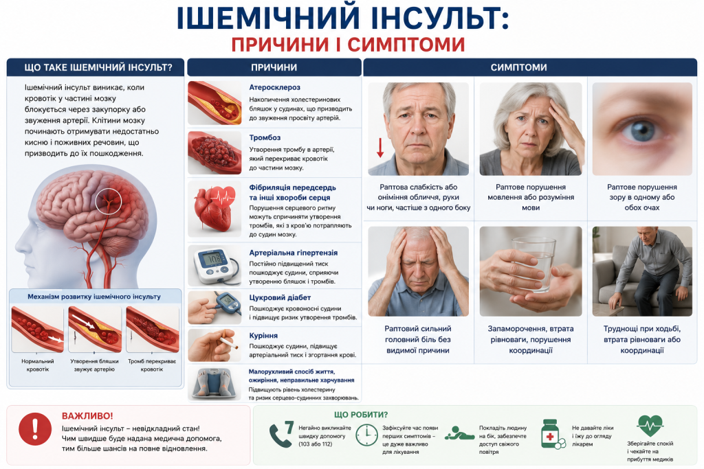 Інфографіка про основні причини та симптоми ішемічного інсульту