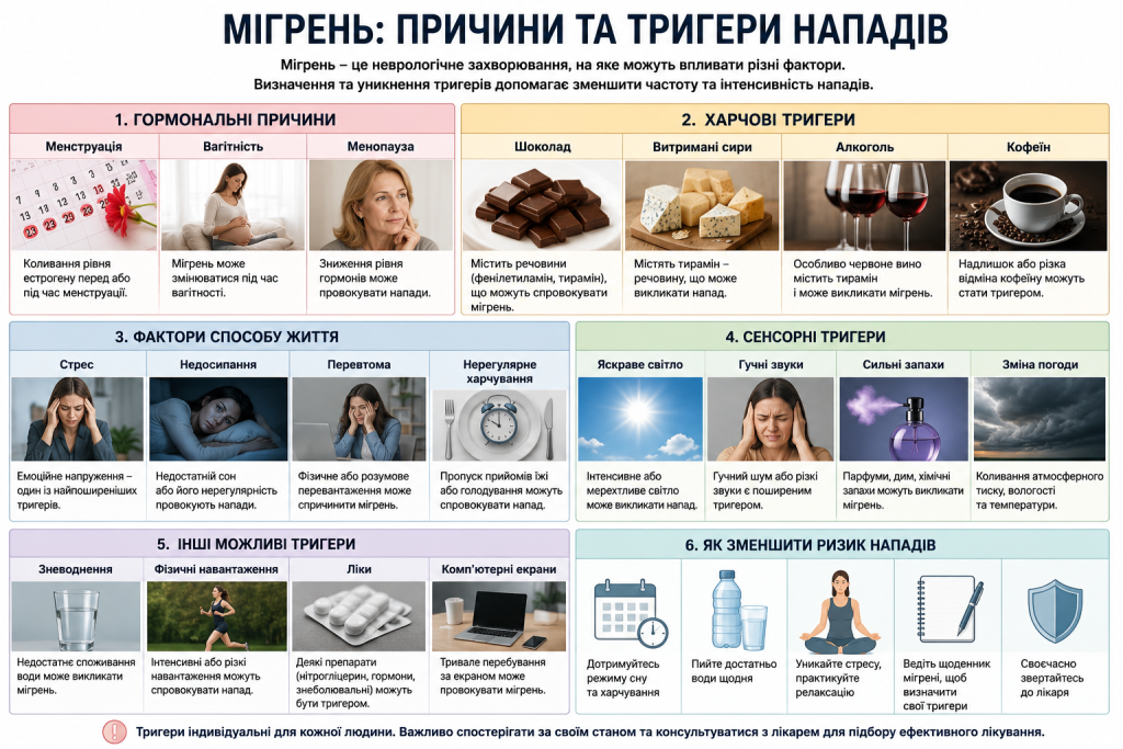Інфографіка про причини та тригери нападів мігрені