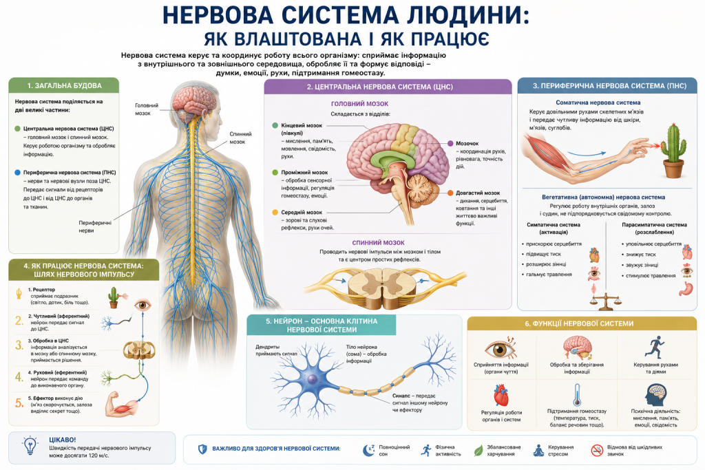 Інфографіка про будову та функції нервової системи людини