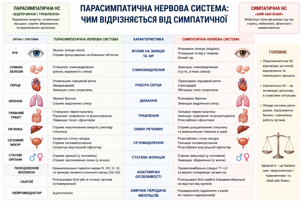 Інфографіка про відмінності між парасимпатичною та симпатичною нервовою системою