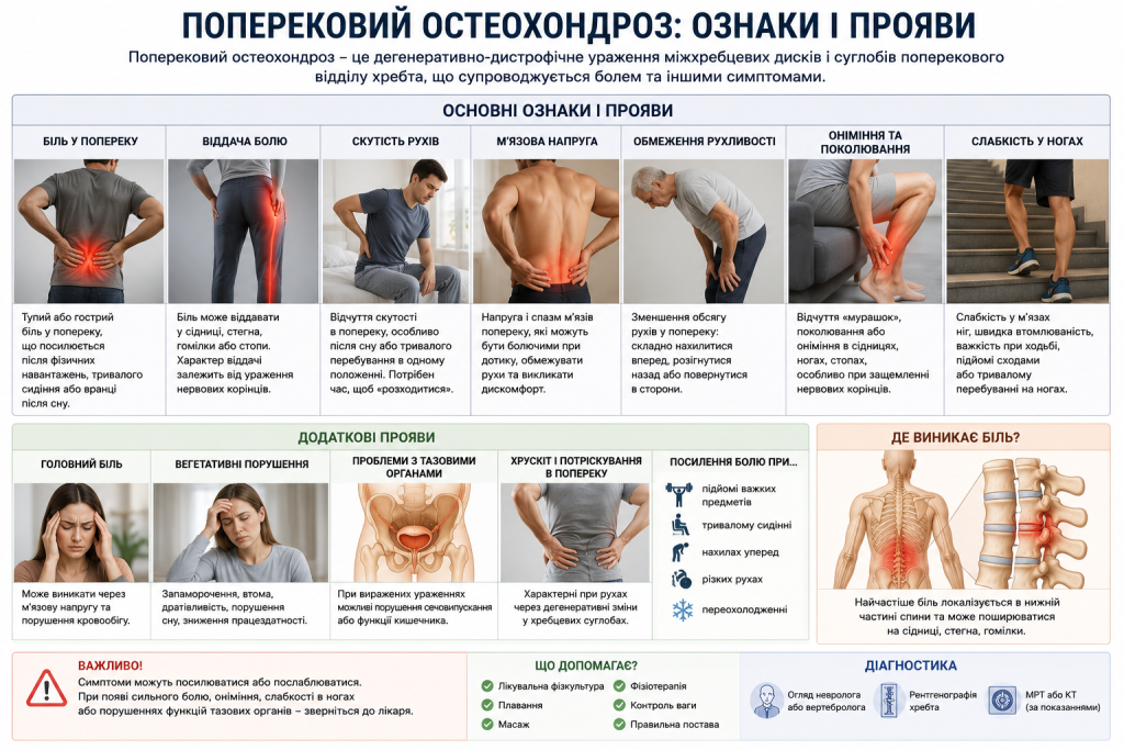 Інфографіка про симптоми та прояви поперекового остеохондрозу