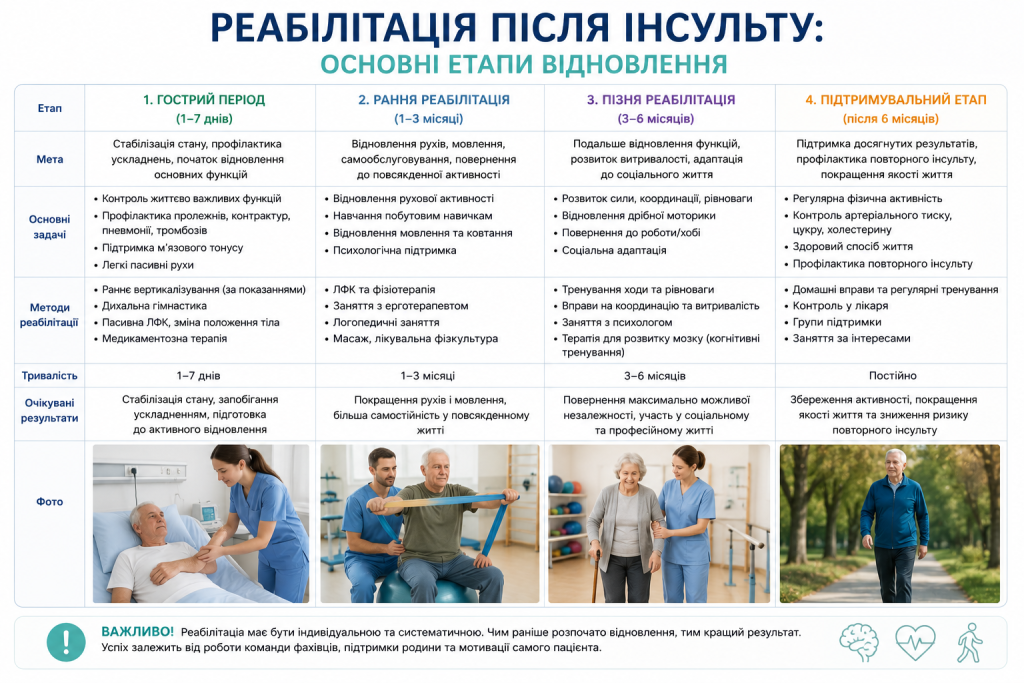 Інфографіка про основні етапи реабілітації після інсульту