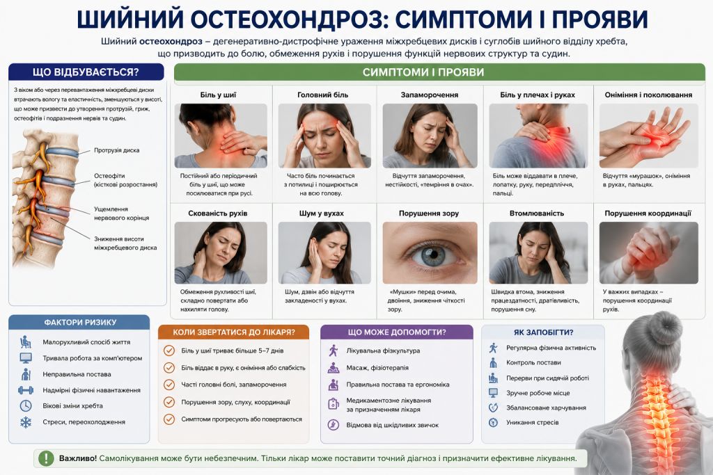 Інфографіка про симптоми та прояви шийного остеохондрозу