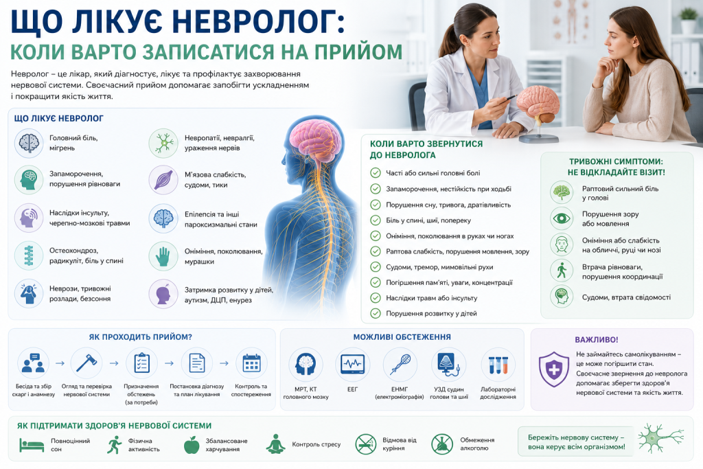 Інфографіка про захворювання, які лікує невролог, та показання до консультації