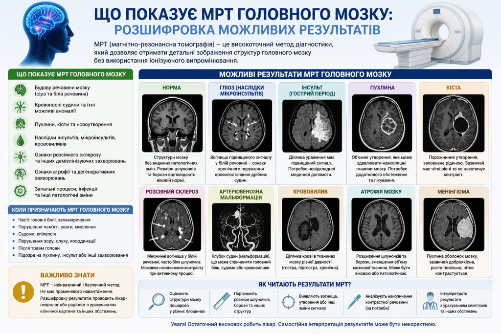 Інфографіка з прикладами можливих результатів МРТ головного мозку