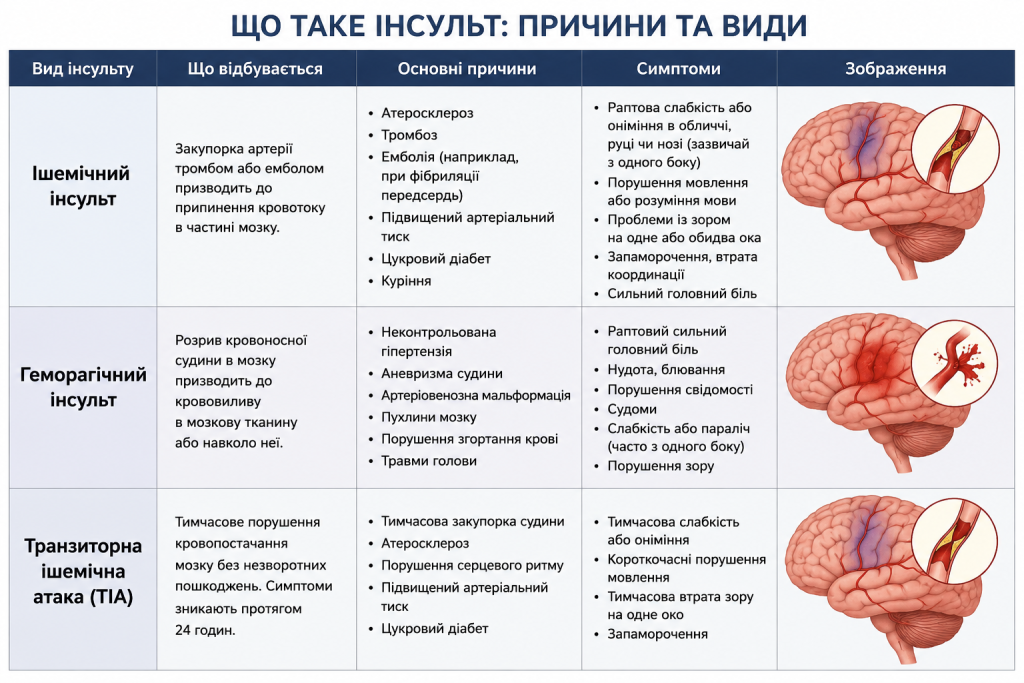Інфографіка про основні види інсульту, причини та симптоми
