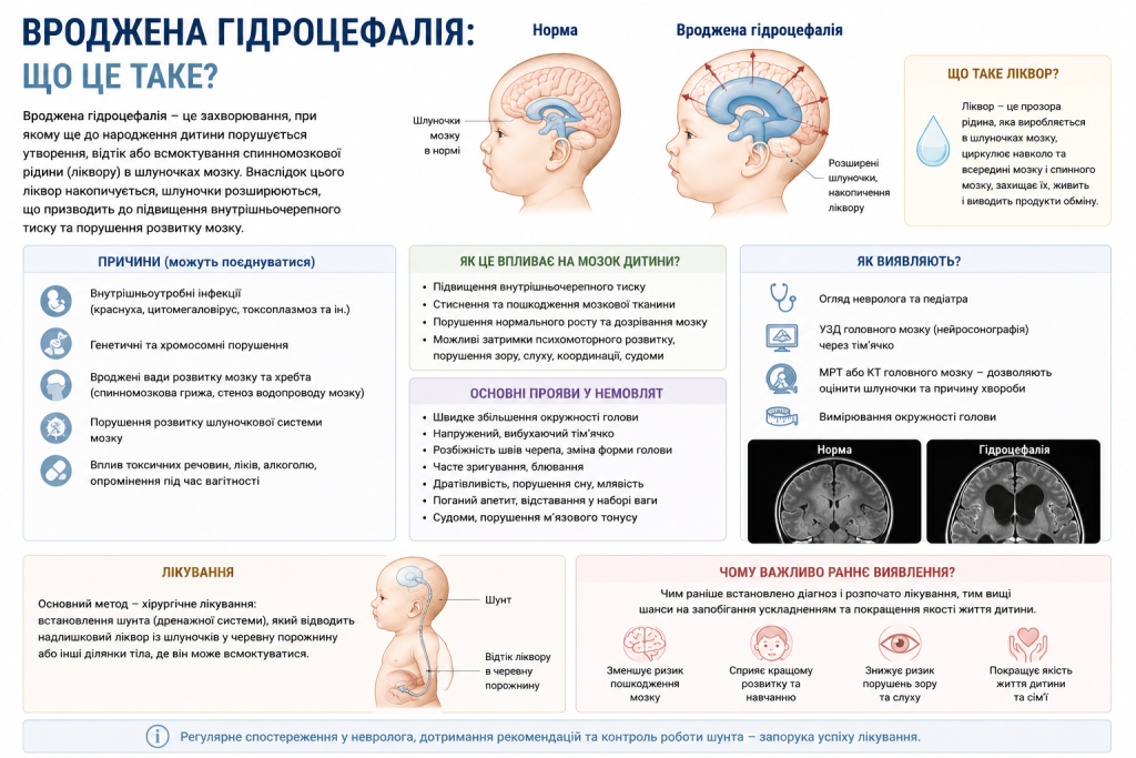 Інфографіка про причини, симптоми та діагностику вродженої гідроцефалії