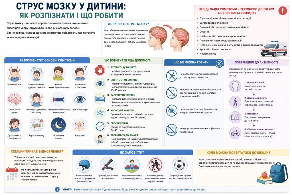 Інфографіка про симптоми та першу допомогу при струсі мозку у дитини
