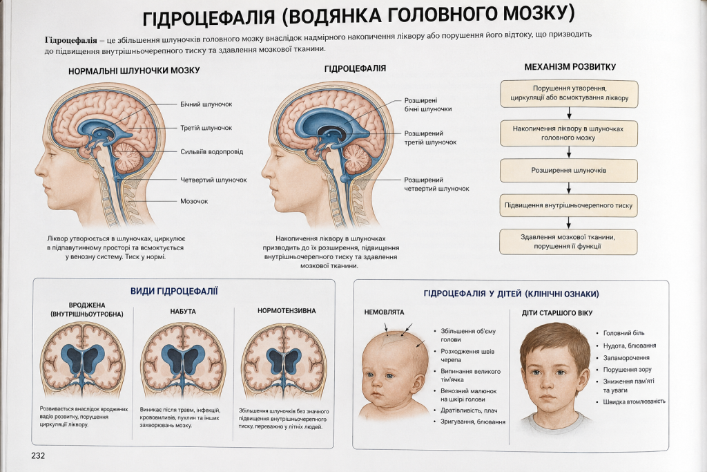 Схема гідроцефалії головного мозку з порівнянням нормальних і розширених шлуночків, видами та клінічними ознаками.