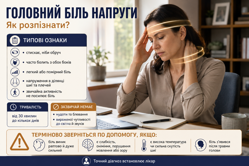 Інфографіка про ознаки головного болю напруги, його тривалість і небезпечні симптоми