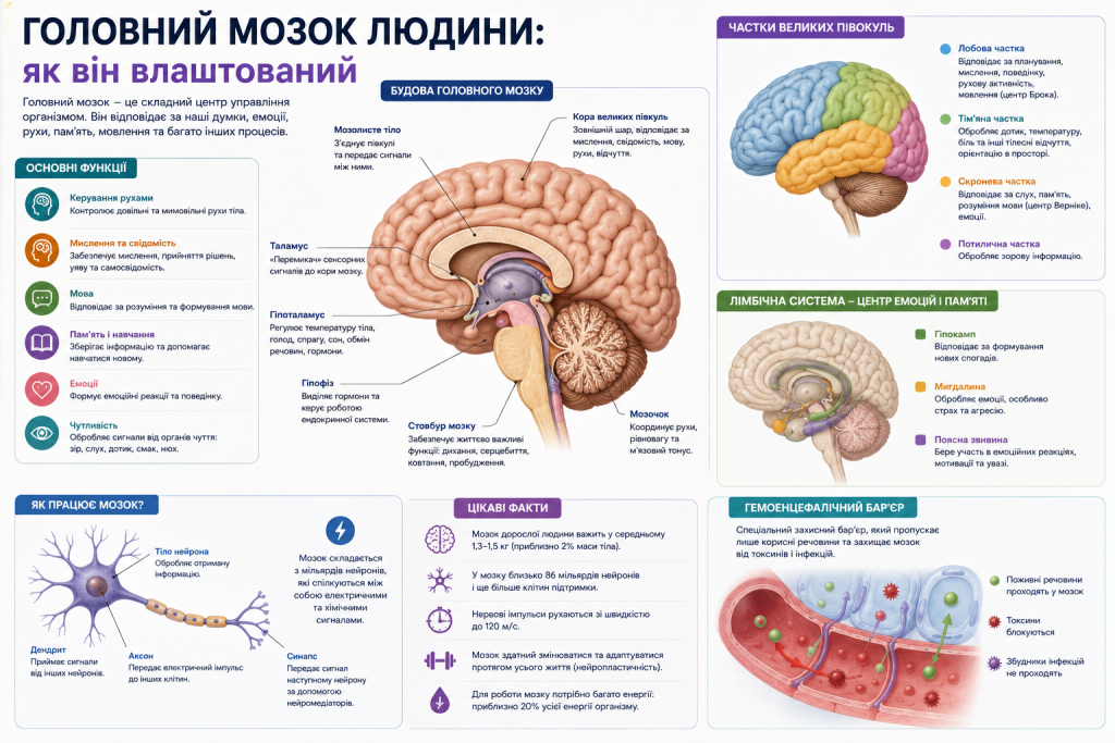 Інфографіка про будову головного мозку людини, його частки, основні функції, нейрони, лімбічну систему та гематоенцефалічний бар’єр