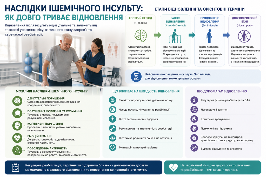 Інфографіка про можливі наслідки ішемічного інсульту, етапи відновлення, реабілітацію та фактори, що впливають на прогноз.