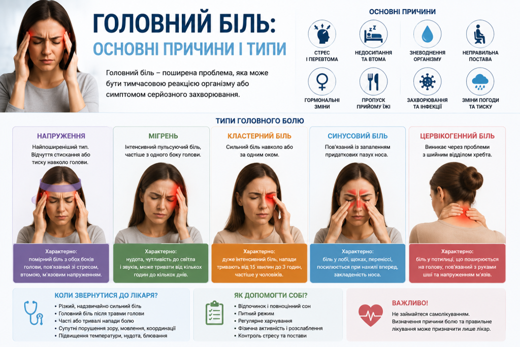 Інфографіка про основні причини головного болю та його типи, включно з мігренню, головним болем напруження, кластерним і синусовим болем.