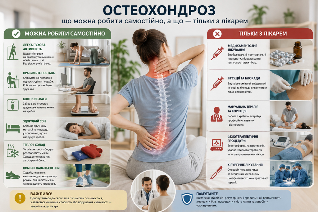 Інфографіка про остеохондроз із порадами для самодопомоги, фізичної активності та випадками, коли лікування має проводити лікар