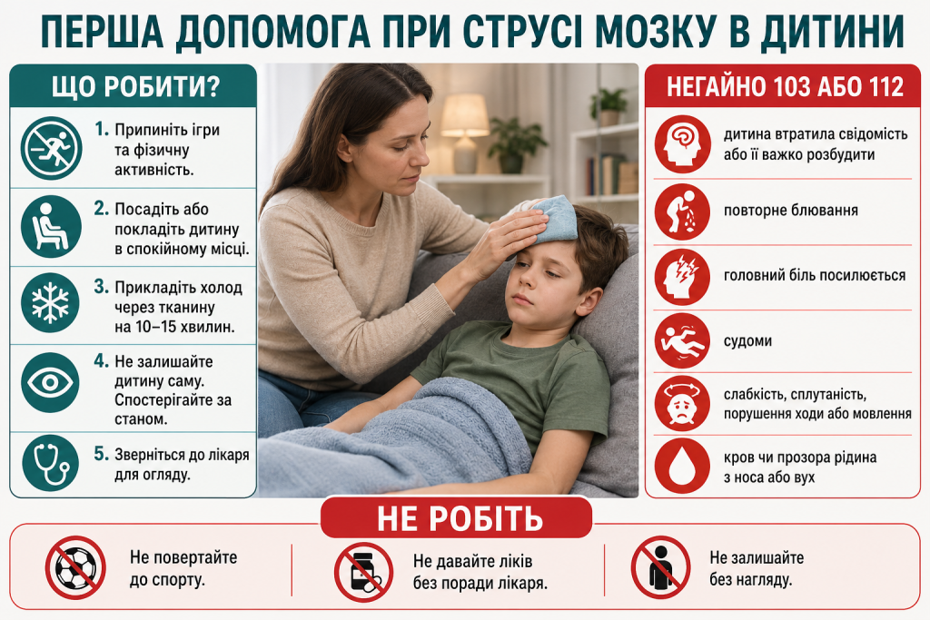 Інфографіка про першу допомогу дитині при струсі мозку та небезпечні симптоми