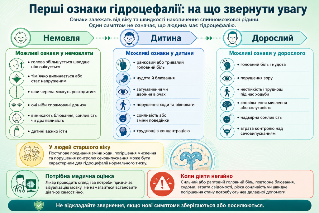 Інфографіка про можливі ознаки гідроцефалії у немовлят, дітей і дорослих та ситуації, коли потрібна медична допомога.