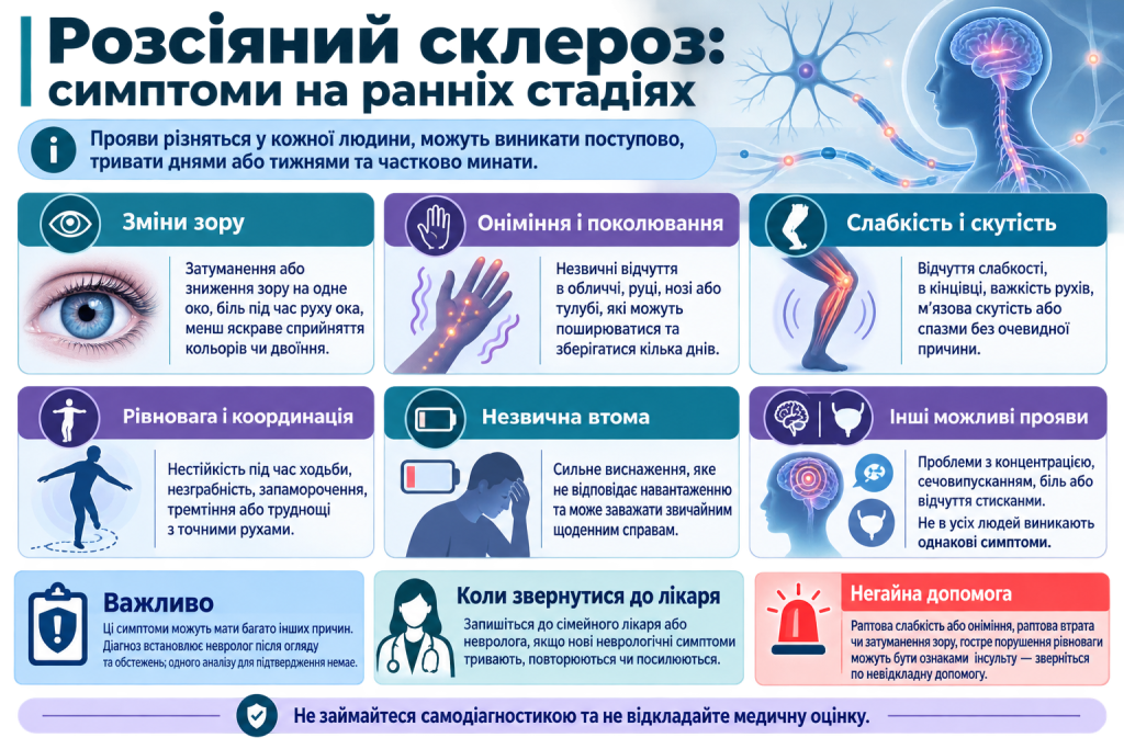 Інфографіка про ранні симптоми розсіяного склерозу, зокрема зміни зору, оніміння, слабкість, втому та порушення координації.
