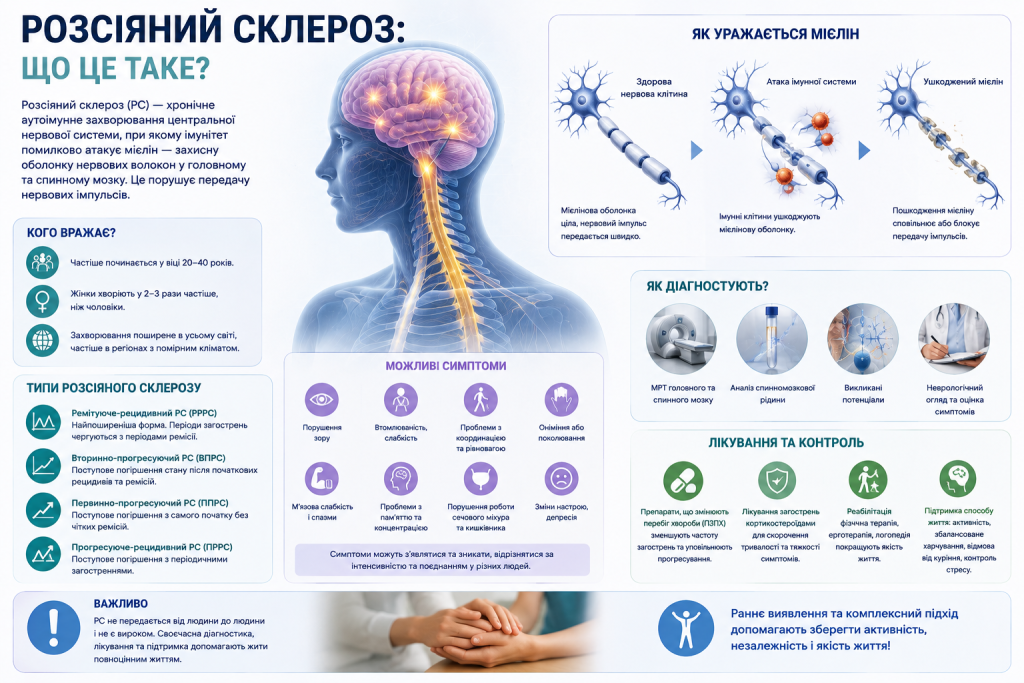 Інфографіка про розсіяний склероз, пошкодження мієліну, основні симптоми, типи захворювання, діагностику та лікування