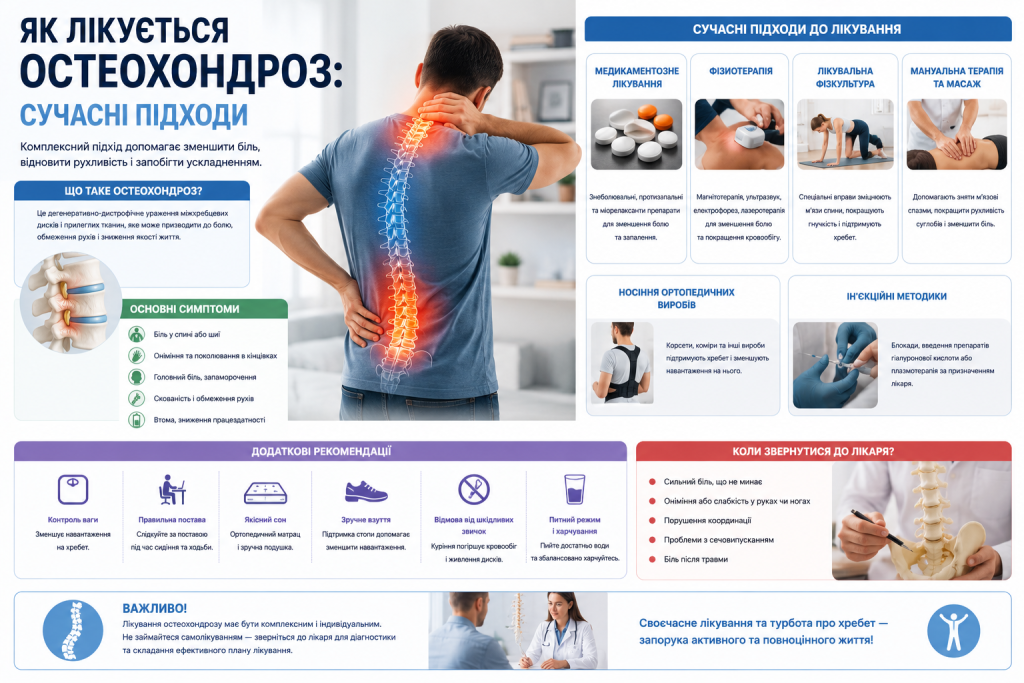 Інфографіка про сучасні методи лікування остеохондрозу, фізіотерапію, лікувальну фізкультуру, масаж і медикаментозну терапію
