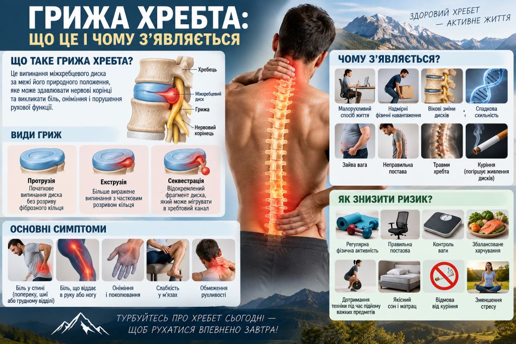 Інфографіка про грижу хребта, види міжхребцевих гриж, причини появи, симптоми та способи зниження ризику