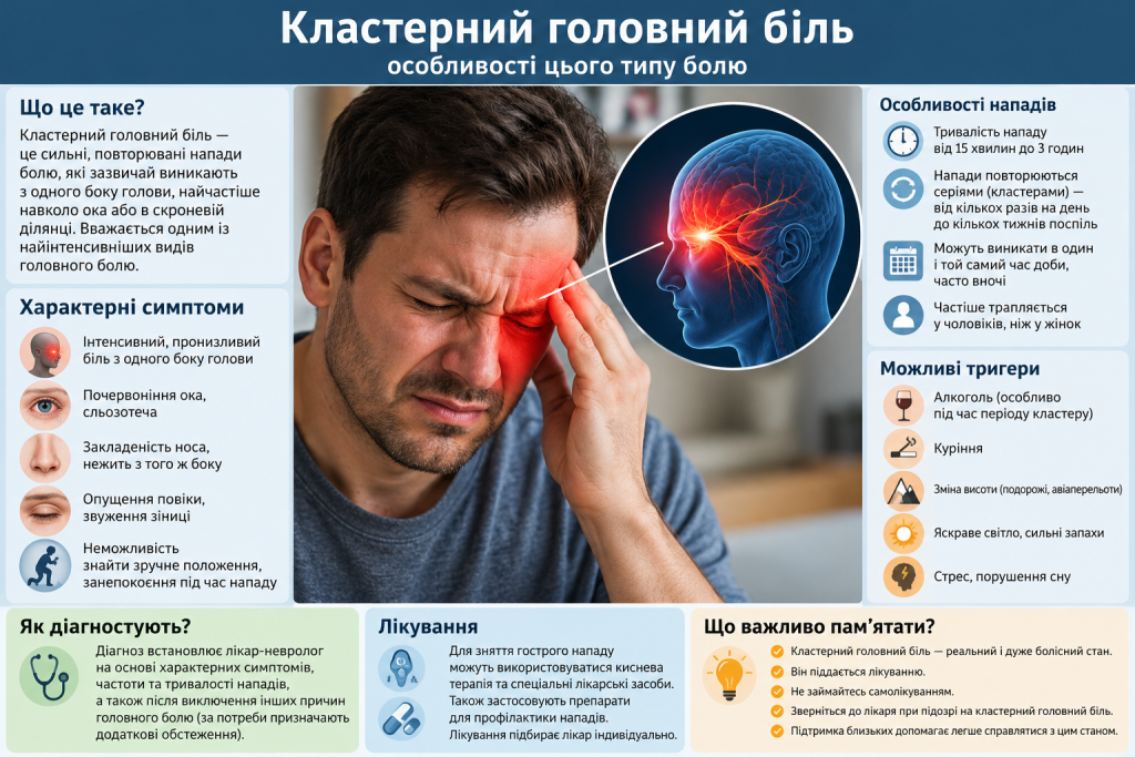Інфографіка про кластерний головний біль, характерні симптоми, тригери, діагностику та лікування.