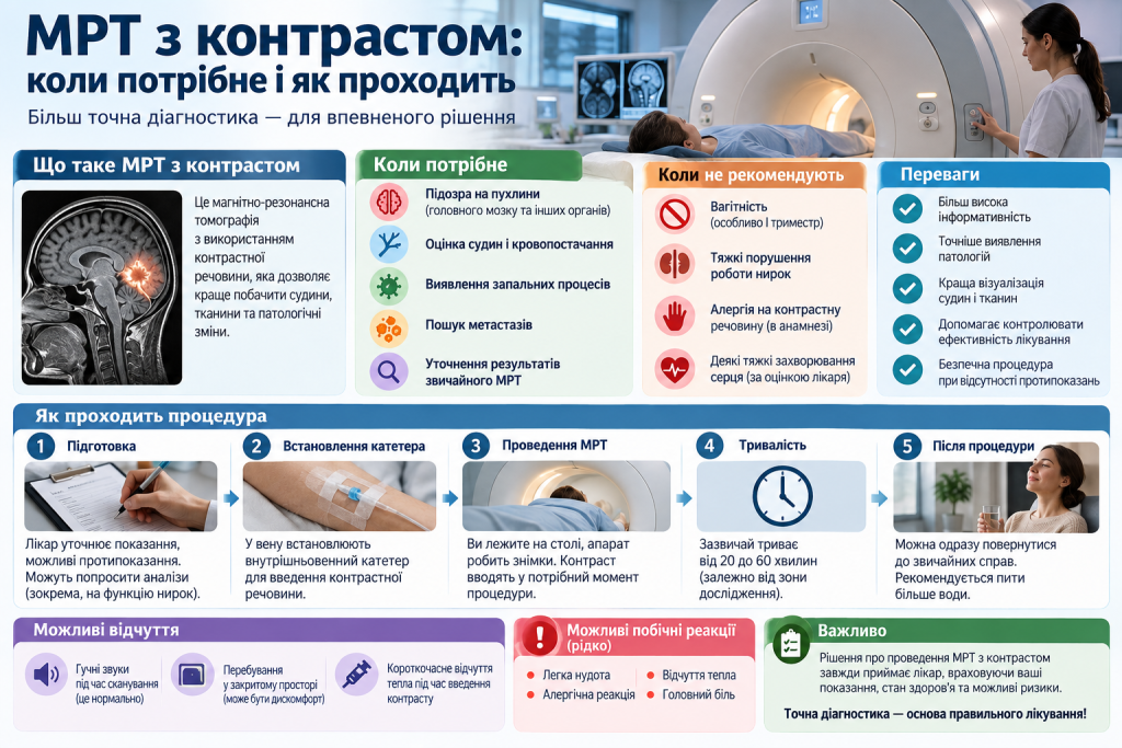 Медична інфографіка про МРТ з контрастом, показання, протипоказання, підготовку, етапи процедури та можливі реакції.