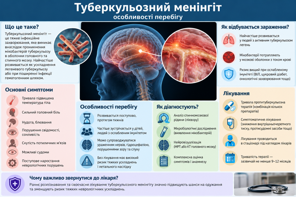 Інфографіка про туберкульозний менінгіт, його симптоми, перебіг, діагностику та методи лікування.